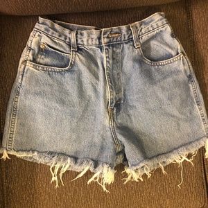 High Waisted Light Wash Frayed Denim Shorts